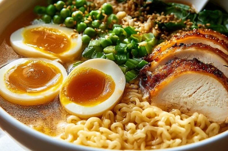 Delicious slow cooker beef ramen garnished with green onions and sesame seeds.