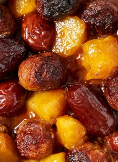 Slow Cooker Meatball Pineapple Smokies in a serving dish
