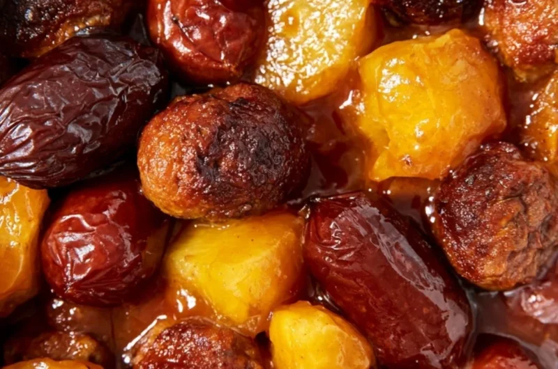 Slow Cooker Meatball Pineapple Smokies in a serving dish