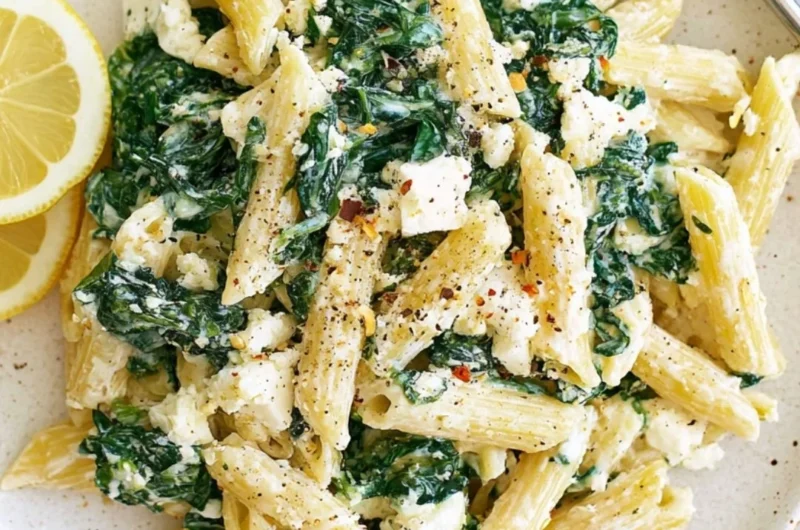 A plate of spinach feta pasta garnished with fresh spinach and feta cheese.
