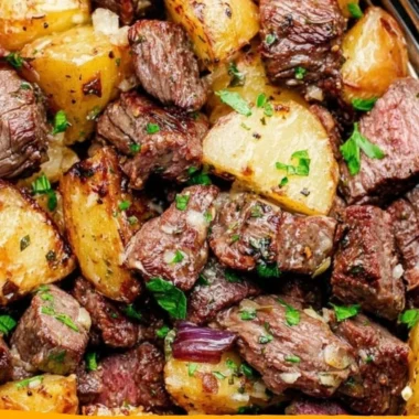 Delicious steak bites served with fluffy gnocchi on a plate