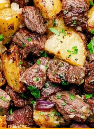 Delicious steak bites served with fluffy gnocchi on a plate