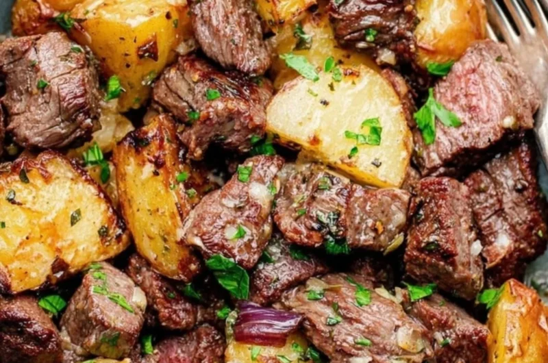 Delicious steak bites served with fluffy gnocchi on a plate
