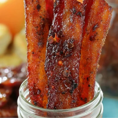 Delicious Sweet and Spicy Candied Bacon served on a plate