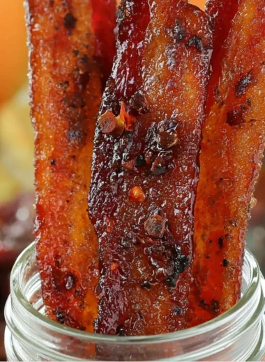 Delicious Sweet and Spicy Candied Bacon served on a plate