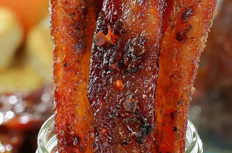 Delicious Sweet and Spicy Candied Bacon served on a plate