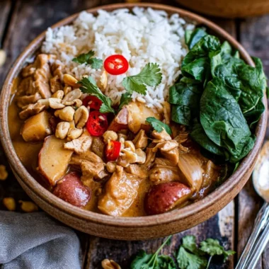 Bowl of delicious Thai Massaman Curry with vegetables and rice.