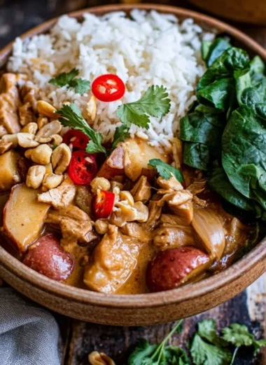 Bowl of delicious Thai Massaman Curry with vegetables and rice.