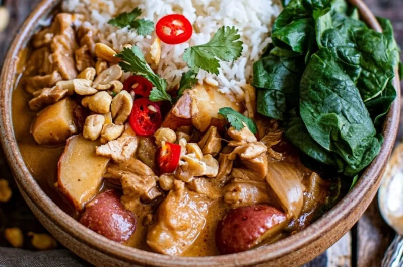 Bowl of delicious Thai Massaman Curry with vegetables and rice.