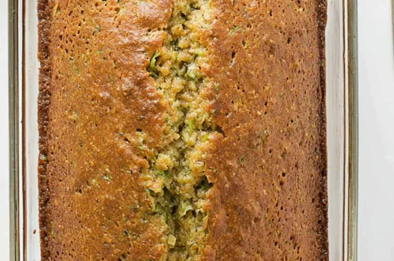 Delicious homemade zucchini bread sliced on a wooden cutting board
