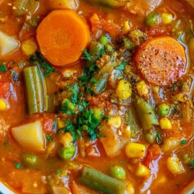 A bowl of colorful, healthy vegetable soup with fresh ingredients.
