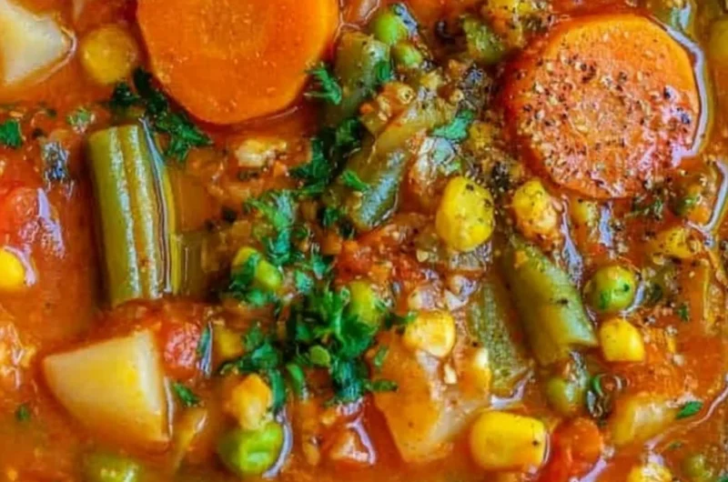 A bowl of colorful, healthy vegetable soup with fresh ingredients.