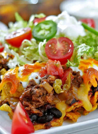 Delicious Walking Taco Casserole served in a dish with toppings.