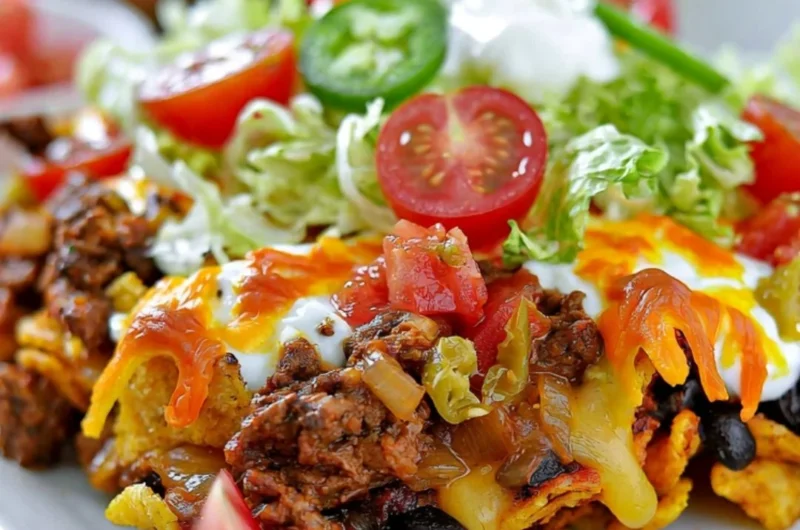 Delicious Walking Taco Casserole served in a dish with toppings.
