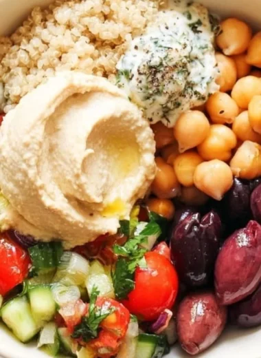 Colorful 5-Minute Mediterranean Bowl with fresh ingredients and healthy toppings