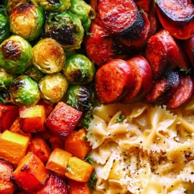 Hearty autumn dinner with sausage, pasta, Brussels sprouts, and butternut squash