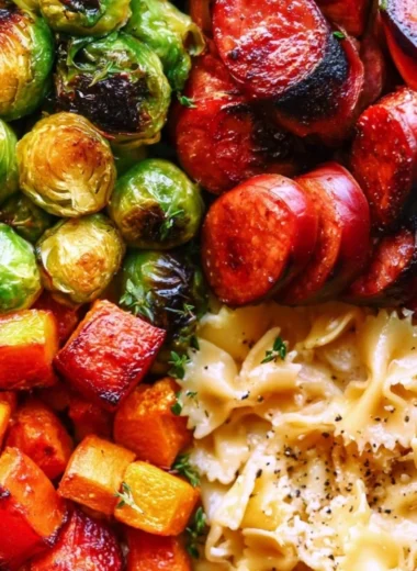 Hearty autumn dinner with sausage, pasta, Brussels sprouts, and butternut squash