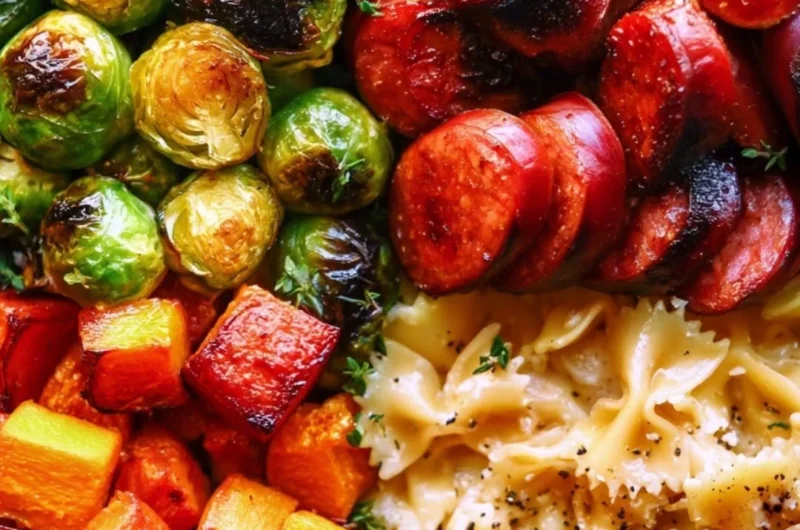 Hearty autumn dinner with sausage, pasta, Brussels sprouts, and butternut squash