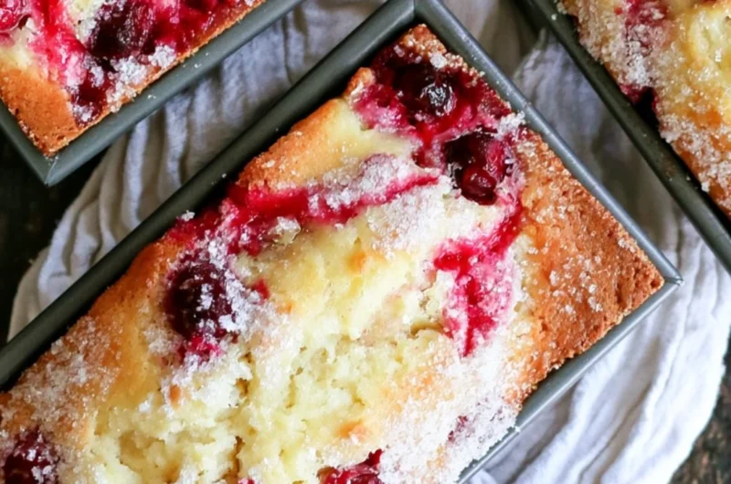 Freshly baked cranberry quick bread served on a wooden cutting board