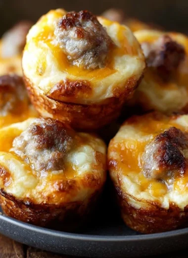 High-protein sausage pancake mini muffins on a plate, ideal for breakfast or snack.