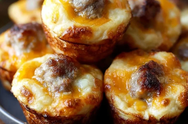 High-protein sausage pancake mini muffins on a plate, ideal for breakfast or snack.