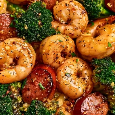 Honey Garlic Shrimp with Chicken Sausage and Broccoli in a skillet