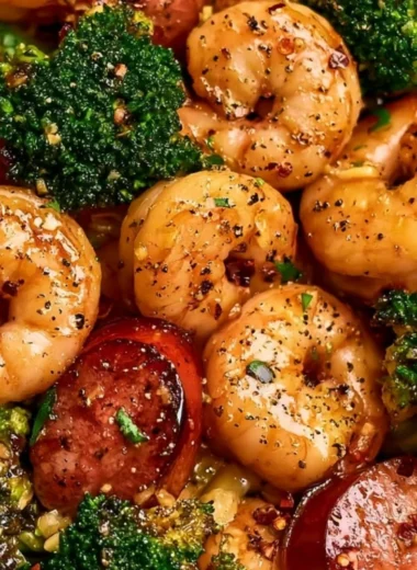Honey Garlic Shrimp with Chicken Sausage and Broccoli in a skillet
