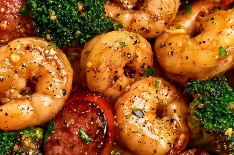 Honey Garlic Shrimp with Chicken Sausage and Broccoli in a skillet