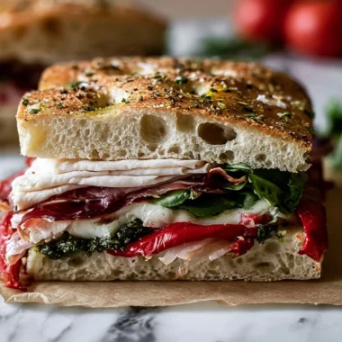 Italian Turkey Focaccia Sandwiches with fresh ingredients and herbs.