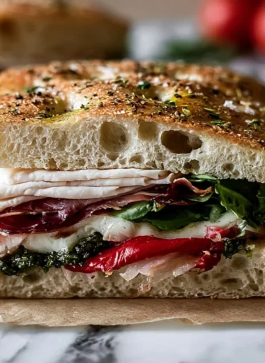 Italian Turkey Focaccia Sandwiches with fresh ingredients and herbs.