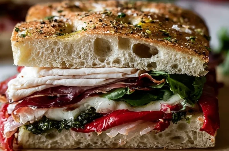 Italian Turkey Focaccia Sandwiches with fresh ingredients and herbs.
