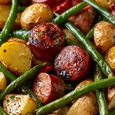 One pan sausage and potatoes cooked with green beans in a skillet.