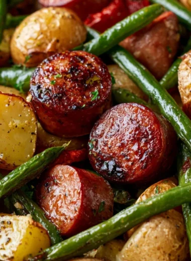 One pan sausage and potatoes cooked with green beans in a skillet.