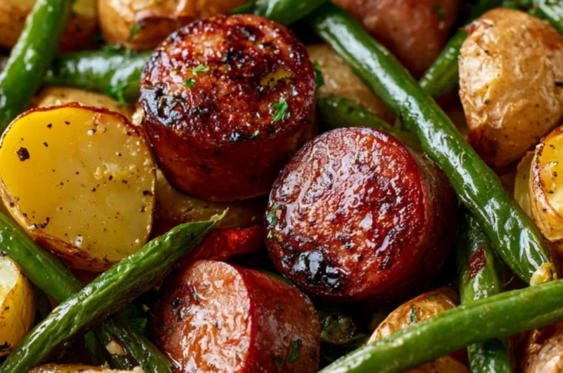 One pan sausage and potatoes cooked with green beans in a skillet.