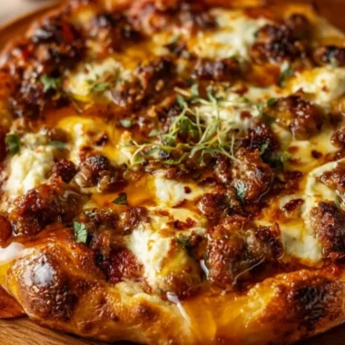 Sweet & Spicy Sausage Ricotta Honey Pizza topped with honey and herbs