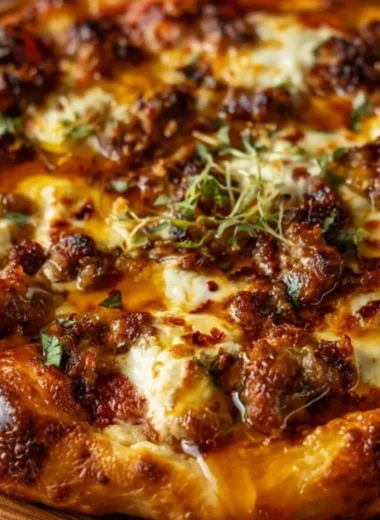 Sweet & Spicy Sausage Ricotta Honey Pizza topped with honey and herbs