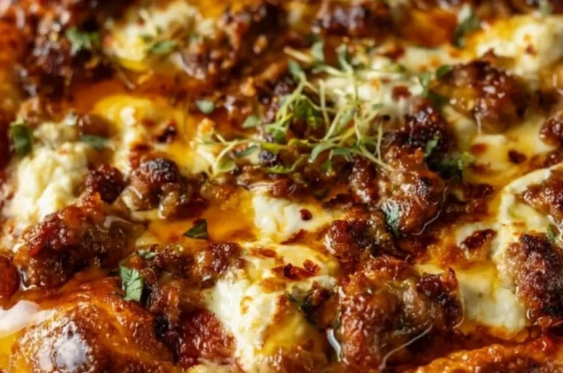 Sweet & Spicy Sausage Ricotta Honey Pizza topped with honey and herbs