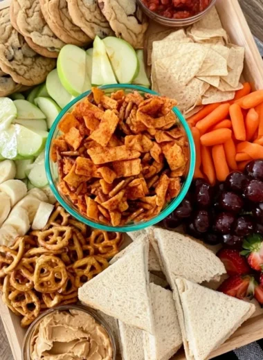Colorful after school snack board with various fruits, vegetables, and treats.
