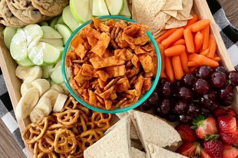 Colorful after school snack board with various fruits, vegetables, and treats.