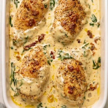 Delicious baked Tuscan chicken breast garnished with herbs and sun-dried tomatoes.