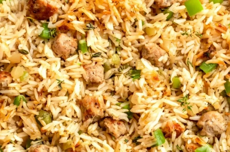 Plate of Cajun dirty rice with sausage garnished with green onions.