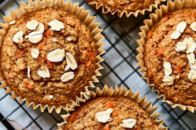 Freshly baked Carrot Apple Muffins on a wooden table