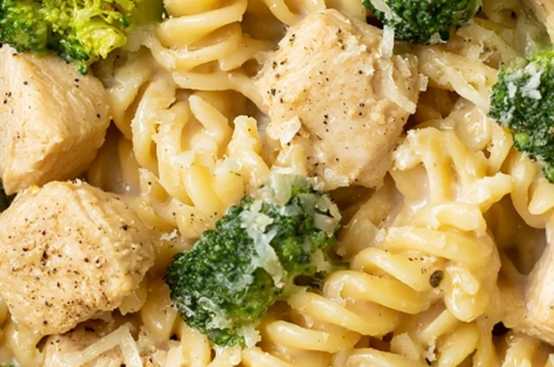 Creamy Chicken Broccoli Pasta dish served in a bowl with garnishes