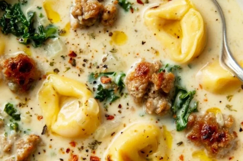 Bowl of creamy sausage tortellini soup garnished with herbs