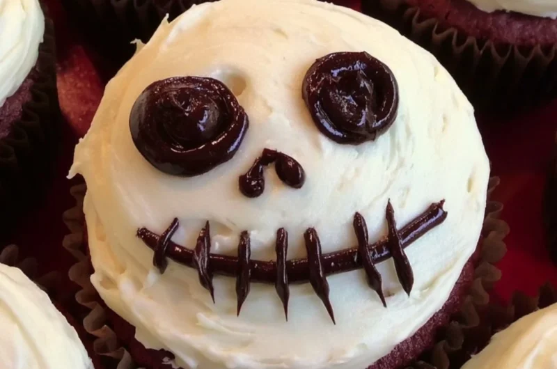 Creepy Halloween skull cupcakes decorated with icing and spooky features.