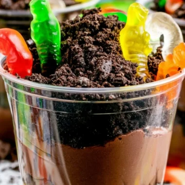 Delicious dirt cups dessert with chocolate pudding and gummy worms