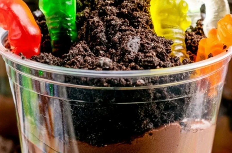 Delicious dirt cups dessert with chocolate pudding and gummy worms