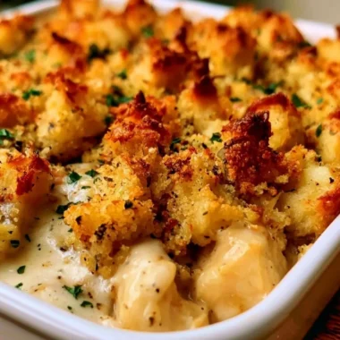 Easy chicken casserole recipe with creamy sauce and vegetables