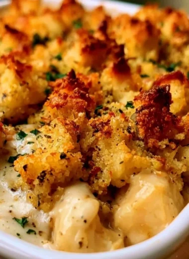 Easy chicken casserole recipe with creamy sauce and vegetables
