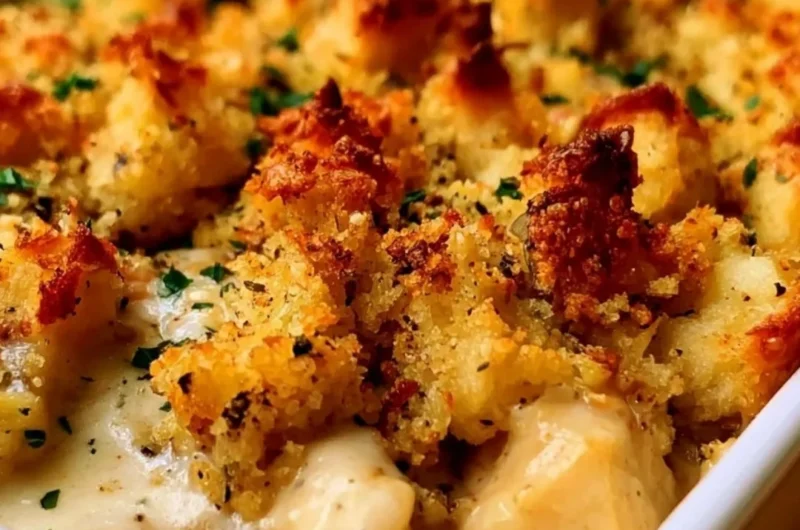 Easy chicken casserole recipe with creamy sauce and vegetables